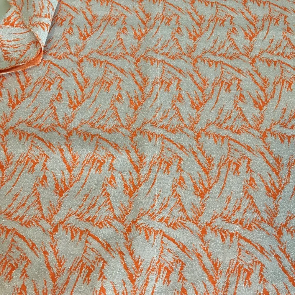 Vintage Fabric Material Remnant Orange Feathering with Silver Lurex, Retro Craft